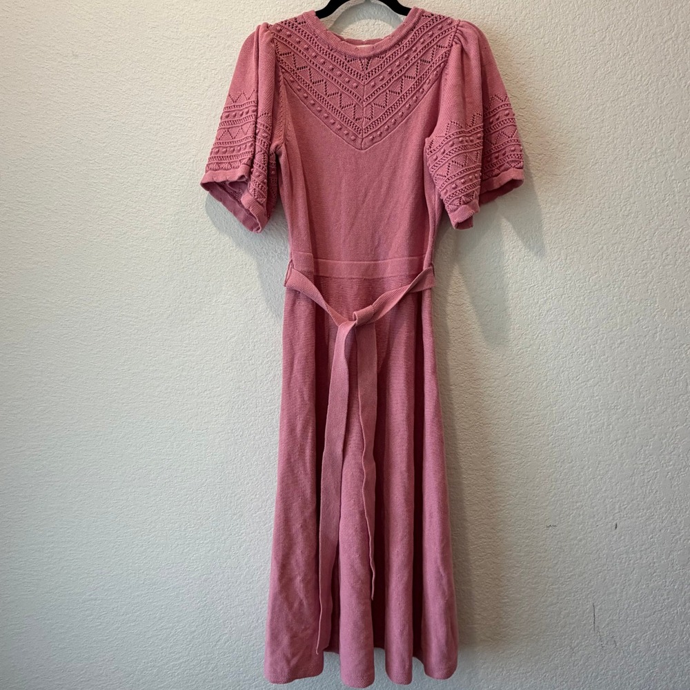 Boden Pink Pointelle Knit Midi Dress Short Puff Sleeve Tie Waist US 2R UK 6R